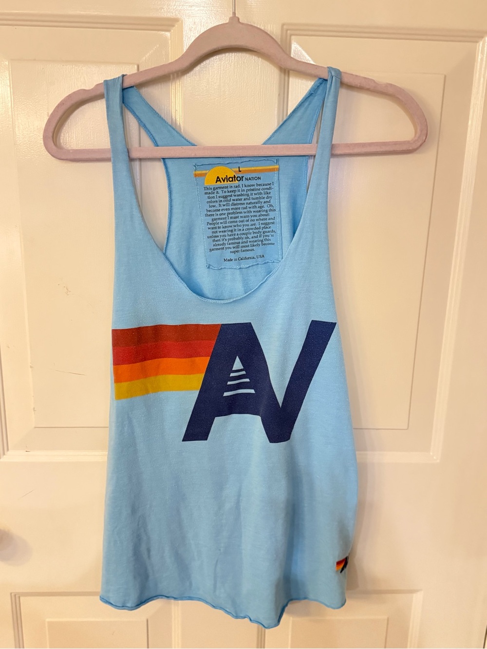 Aviator Nation Light Blue Racerback Tank with Navy AV & Sunset Stripes